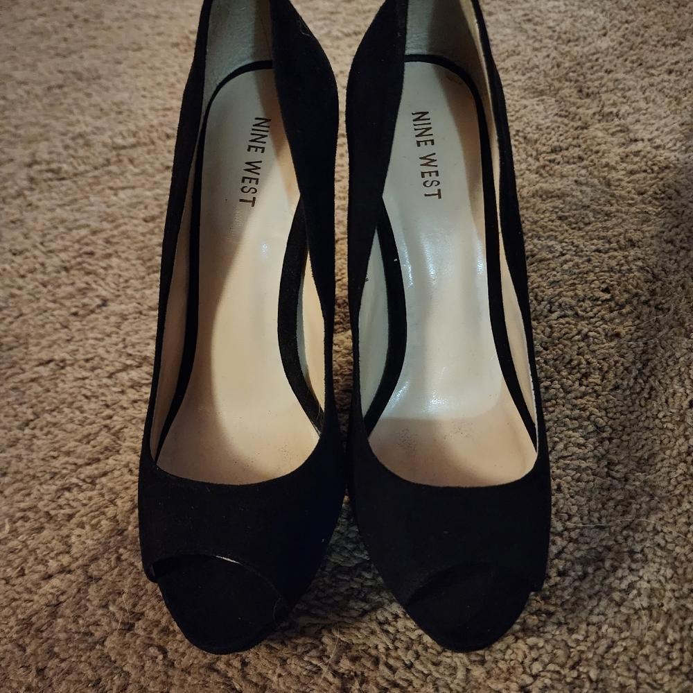 Nine West Platform open toed black suede heels